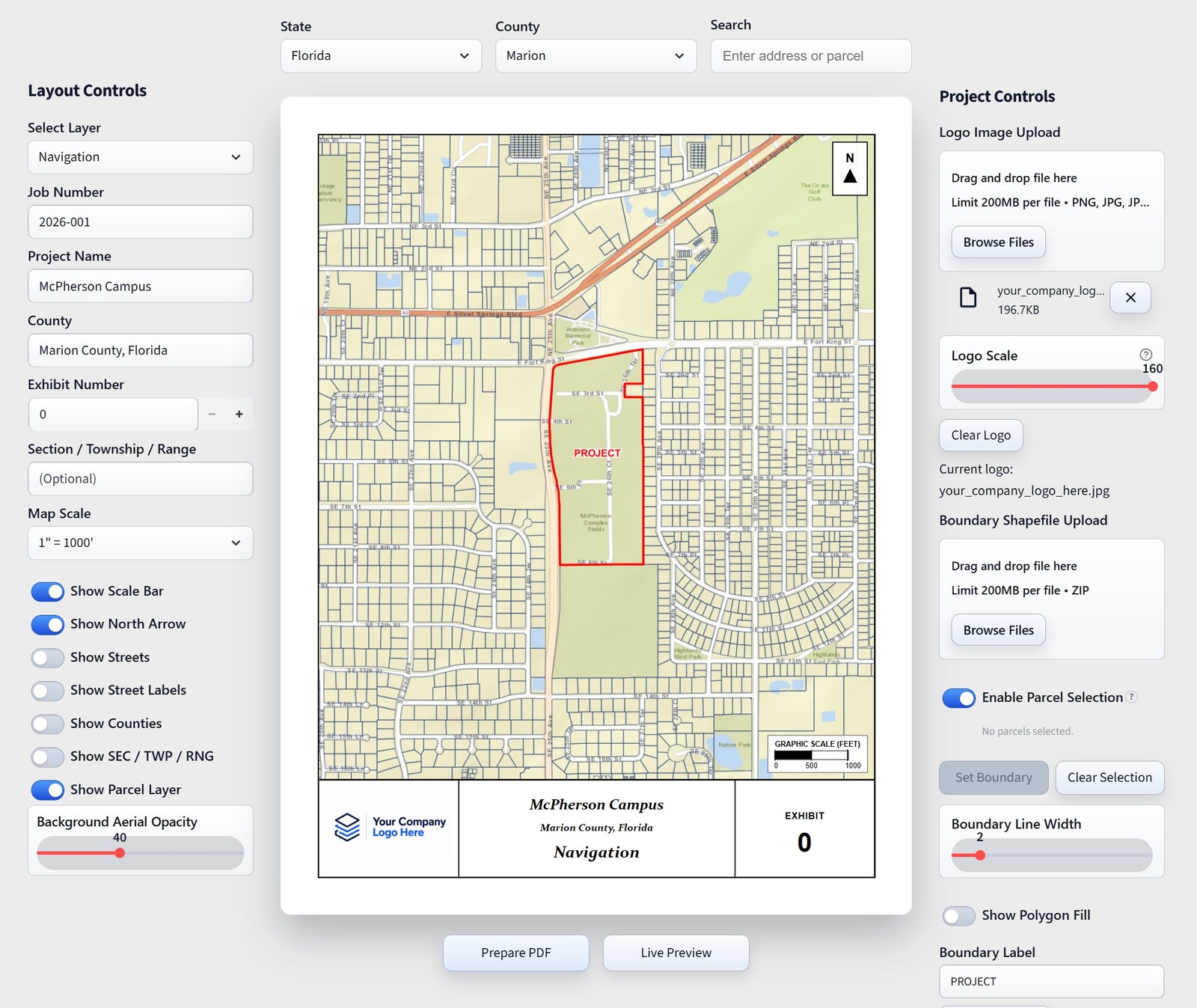 Engineering Exhibit Generator app interface showing map controls, live preview, and project settings.